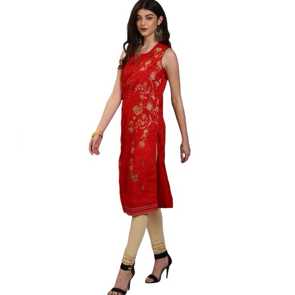 3 Piece Set Red Gold Karta Tunic Thigh Slit Matching Vest and Scarf 32 34 US 2 4 - Picture 2 of 16